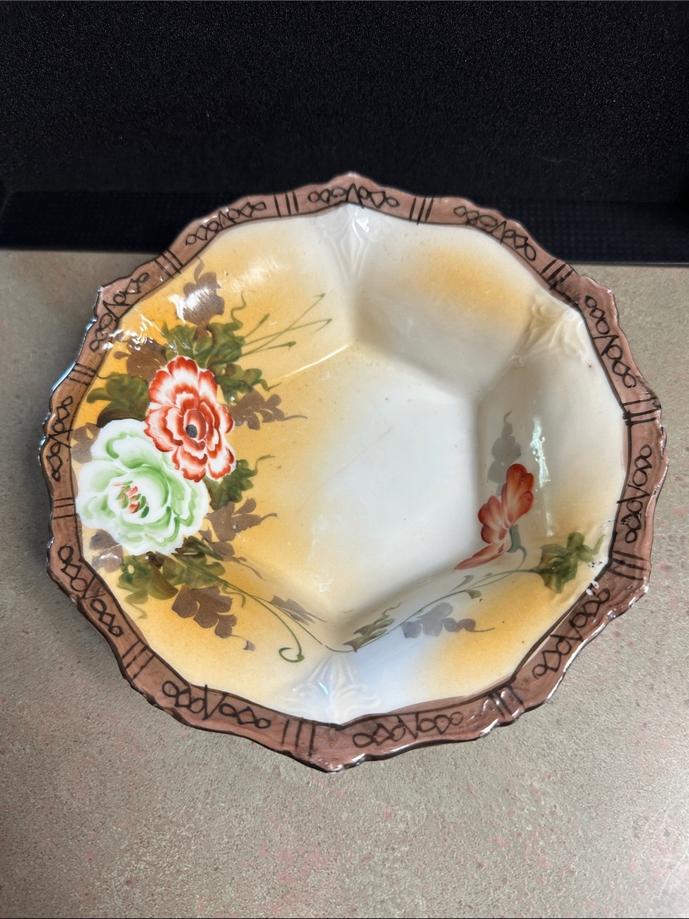 Antique Nippon Hand-Painted Floral Porcelain Bowl in Yellow and Peach